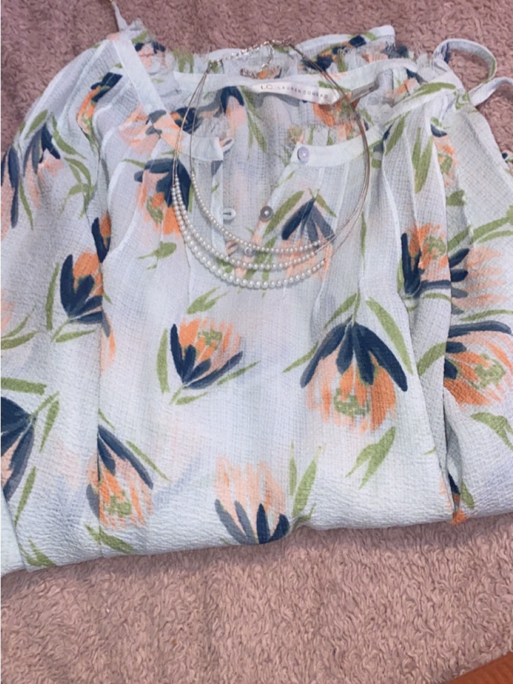 LC Lauren Conrad White Blouse with Peach & Navy Floral Print